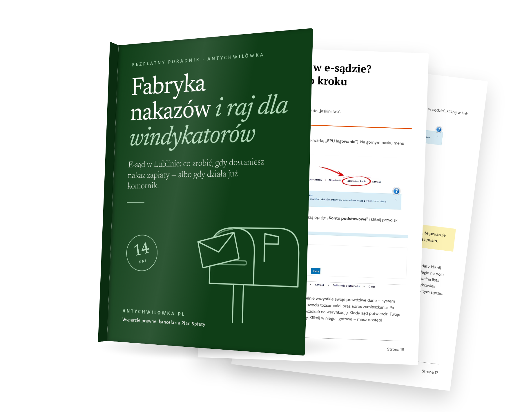 Okładka poradnika Fabryka nakazów i raj dla windykatorów oraz przykładowe strony instrukcji